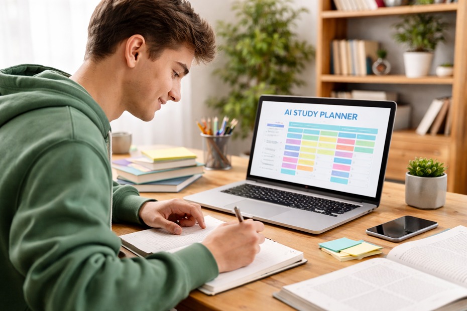 A student using an AI-powered study planner on a laptop to organize coursework and assignments
