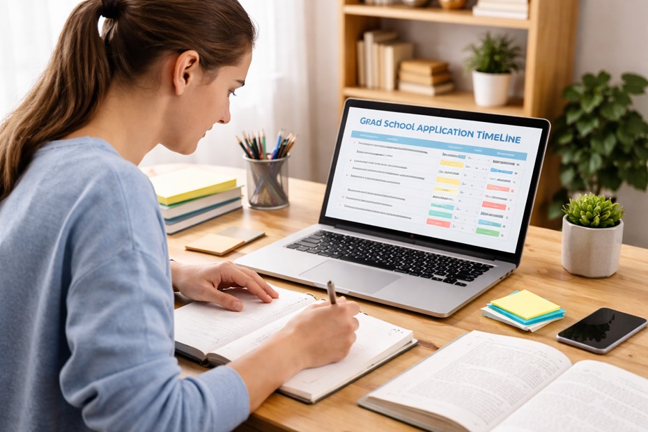 Student reviewing a graduate school application timeline and organizing deadlines on a laptop