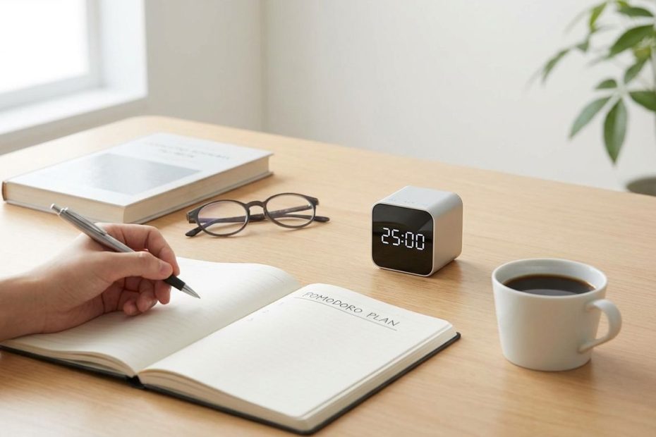 Student using a desk timer and notebook to study with the Pomodoro technique