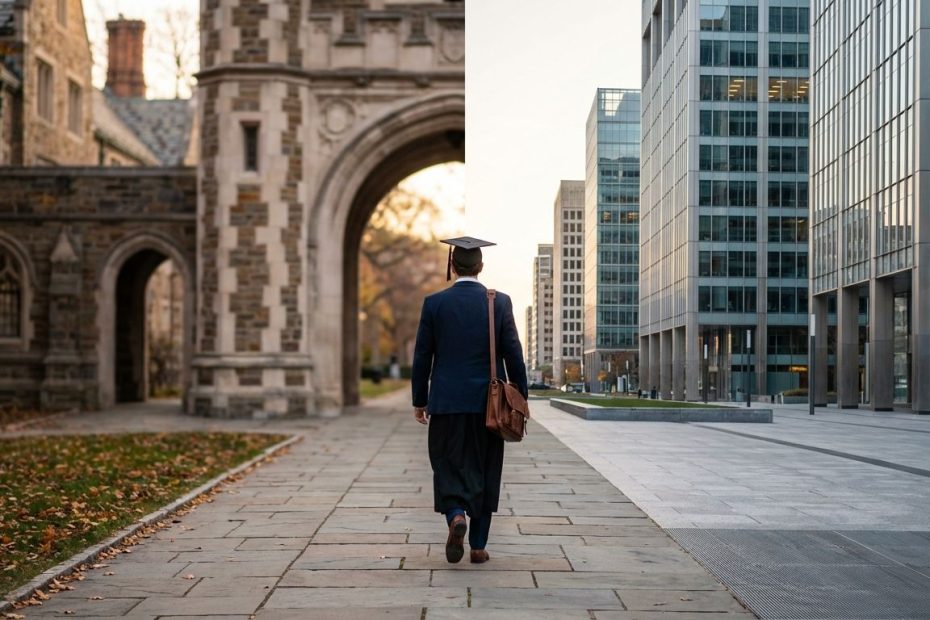 Recent graduate in business attire leaving a university campus and walking toward modern office buildings, symbolizing the campus to career transition.