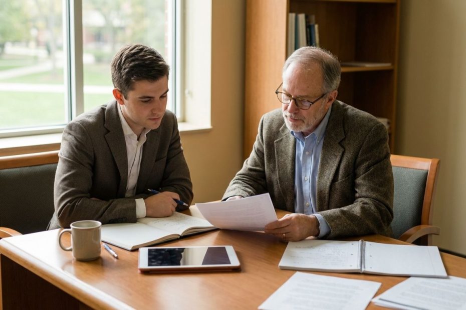 Graduate student meeting with a professor in an office to discuss research goals and academic mentorship.