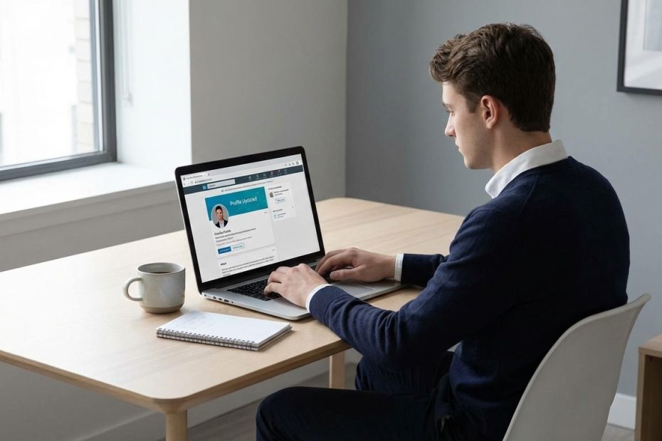 College student updating a LinkedIn profile on a laptop to build a personal brand