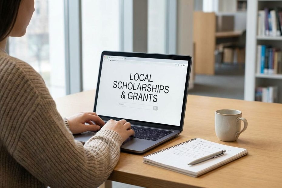 Student reviewing local scholarship and grant information on a laptop at a library table