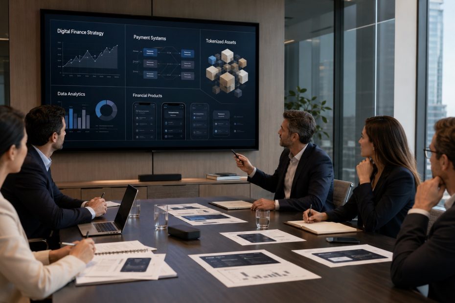 Business leaders reviewing financial innovation and fintech strategy in a modern office
