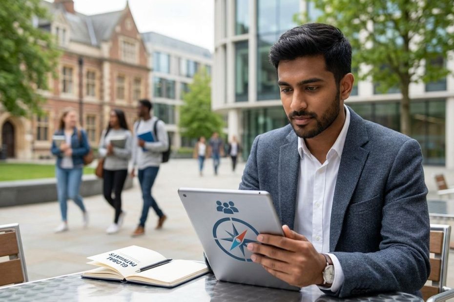 College student with a backpack reviewing notes on an international campus, representing study abroad career benefits