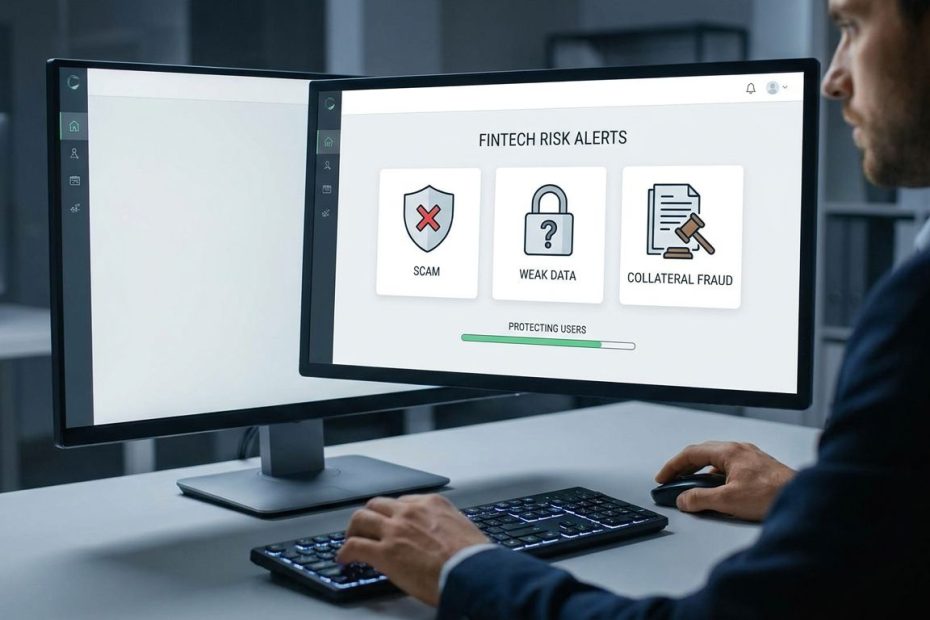 Financial analyst reviewing fintech fraud alerts and user protection controls on a laptop