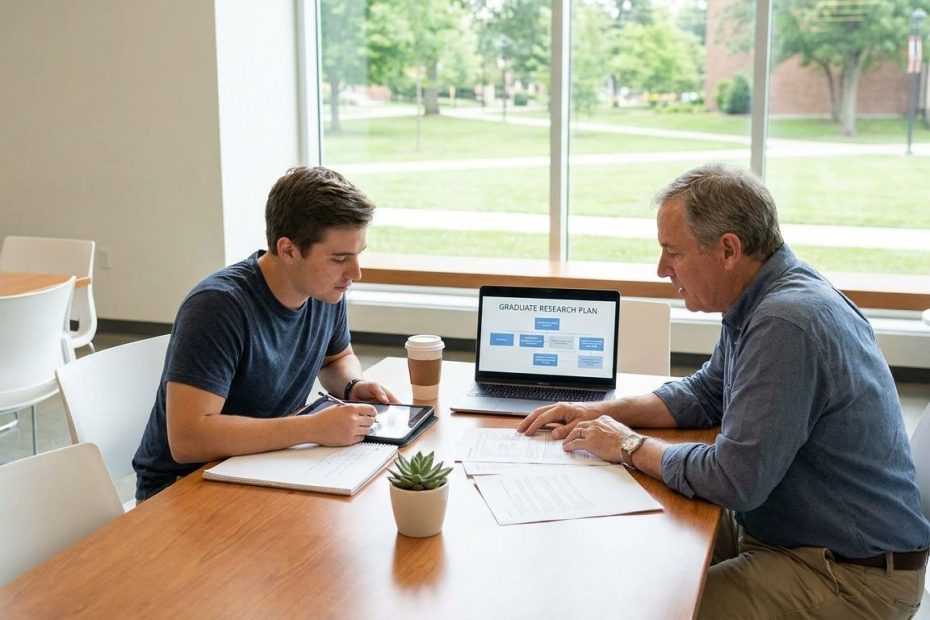 Undergraduate student reviewing research notes with a faculty mentor
