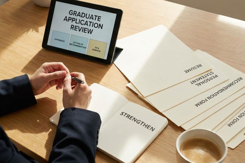 Graduate applicant reviewing admissions documents beyond GPA at a desk