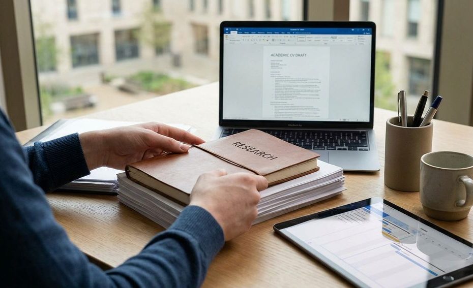 Student reviewing an academic CV draft on a laptop before graduation