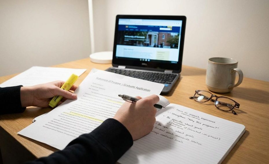 Graduate applicant editing a statement of purpose draft on a laptop with notes about program fit