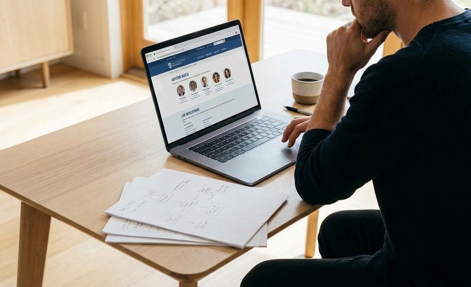 Graduate applicant reviewing a research fit checklist beside a laptop and notes