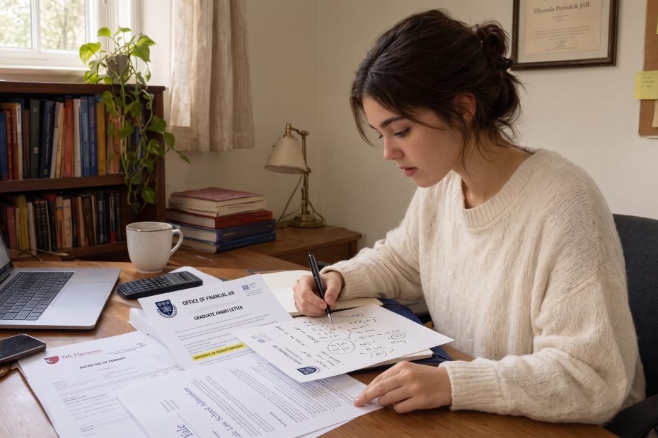 Graduate student comparing funding offers, loan terms, and net costs before enrolling