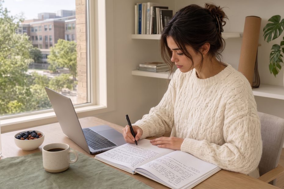 Student reviewing notes at a desk while preparing for finals with a calm study plan