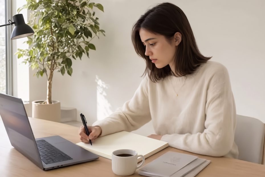 Student comparing graduate school programs on a laptop while taking notes