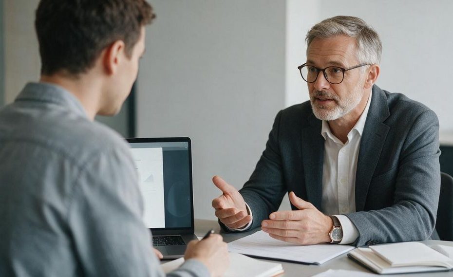 Professional discussing career goals with a mentor in an office